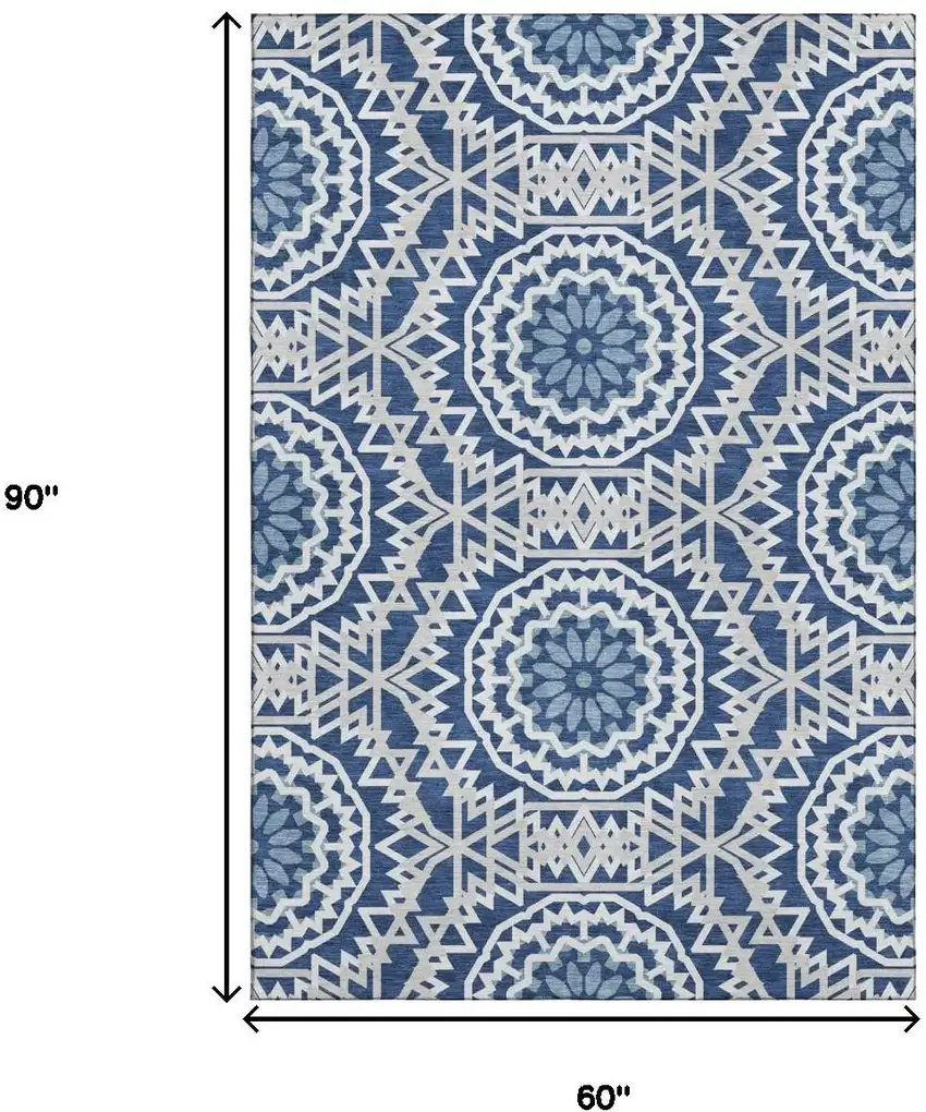 Navy Blue And Ivory Geometric Washable Area Rug With UV Protection Photo 7