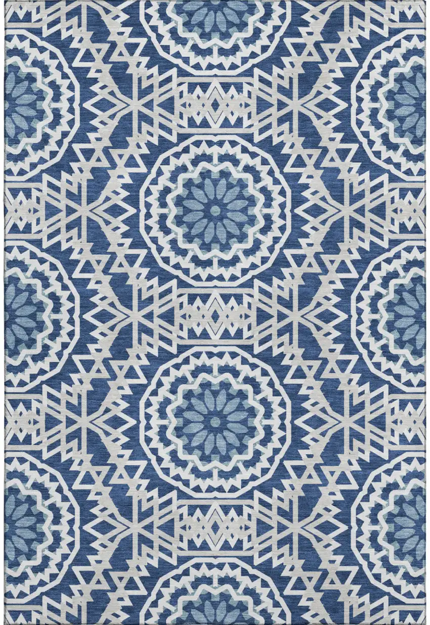Navy Blue And Ivory Geometric Washable Area Rug With UV Protection Photo 1
