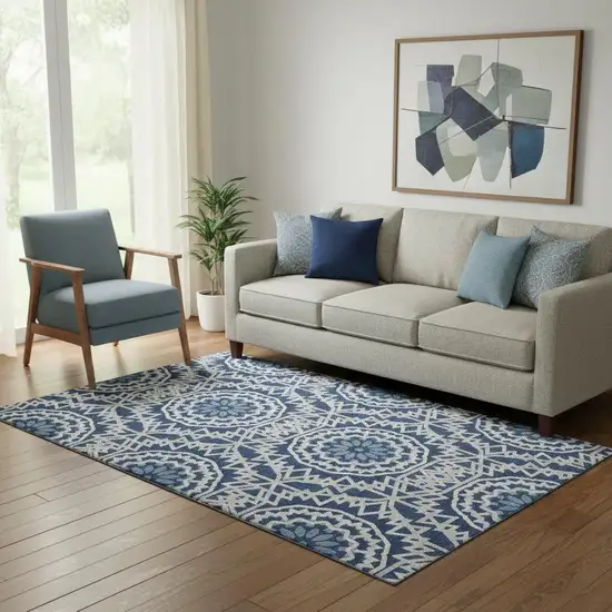 Navy Blue And Ivory Geometric Washable Area Rug With UV Protection Photo 1