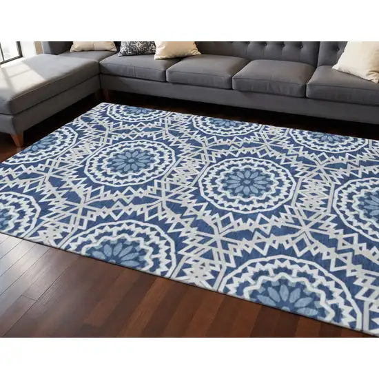 Navy Blue And Ivory Geometric Washable Area Rug With UV Protection Photo 2