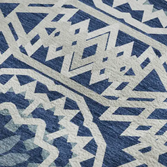 Navy Blue And Ivory Geometric Washable Area Rug With UV Protection Photo 5