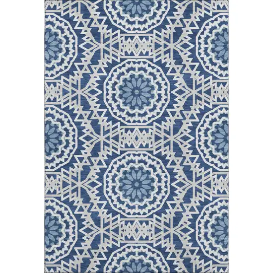 Navy Blue And Ivory Geometric Washable Area Rug With UV Protection Photo 1