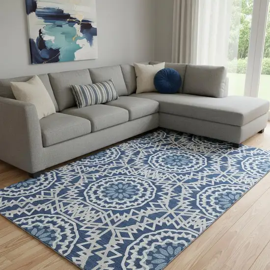 Navy Blue And Ivory Geometric Washable Area Rug With UV Protection Photo 1