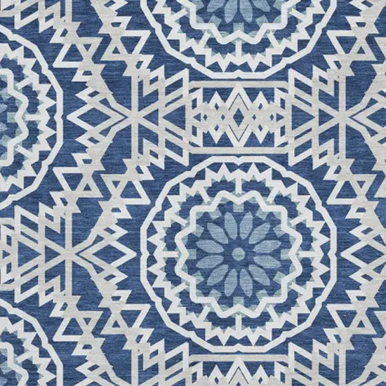 Navy Blue And Ivory Geometric Washable Area Rug With UV Protection Photo 3