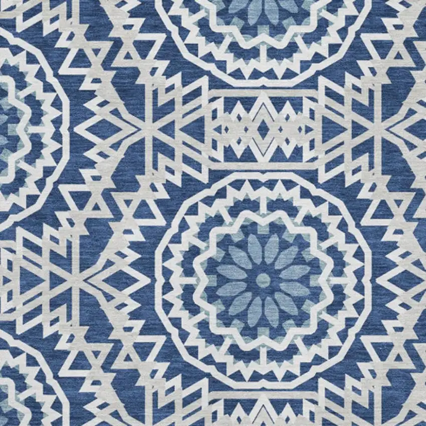 Navy Blue And Ivory Geometric Washable Area Rug With UV Protection Photo 3