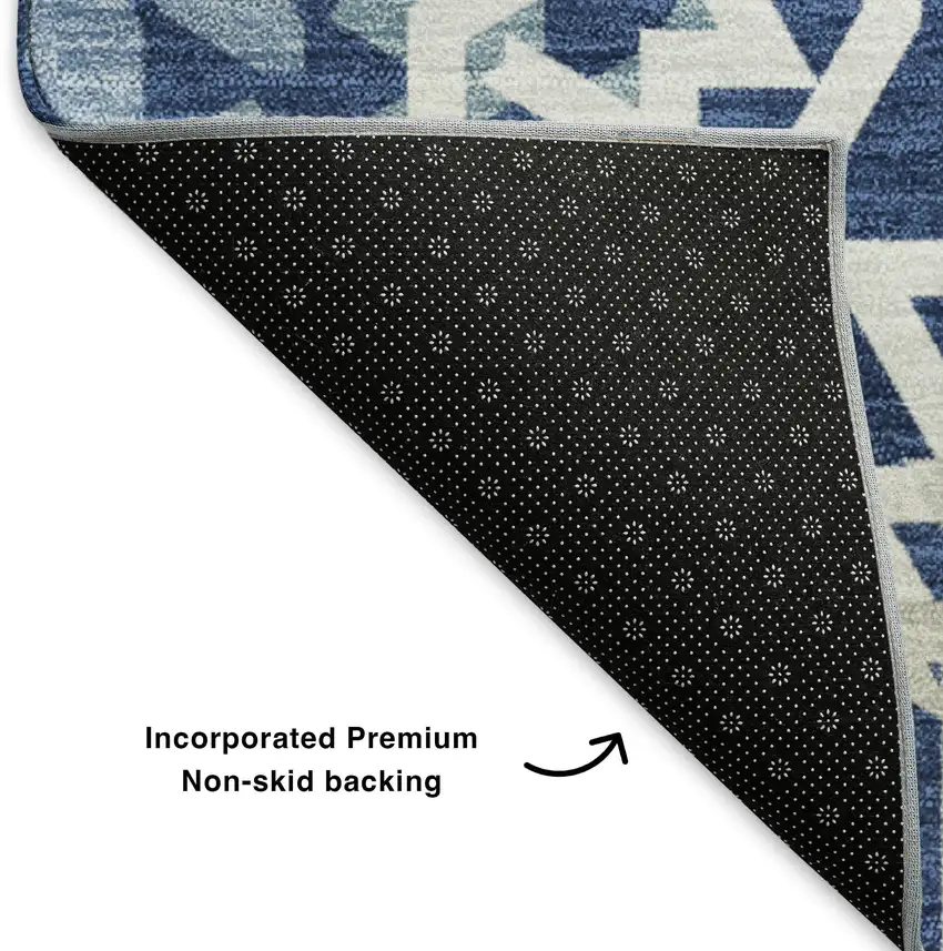Navy Blue And Ivory Geometric Washable Area Rug With UV Protection Photo 8