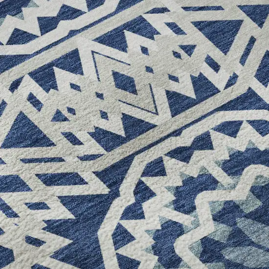 Navy Blue And Ivory Geometric Washable Area Rug With UV Protection Photo 9