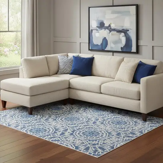 Navy Blue And Ivory Geometric Washable Area Rug With UV Protection Photo 1