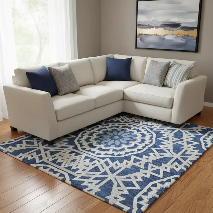 Navy Blue And Ivory Geometric Washable Area Rug With UV Protection Photo 1