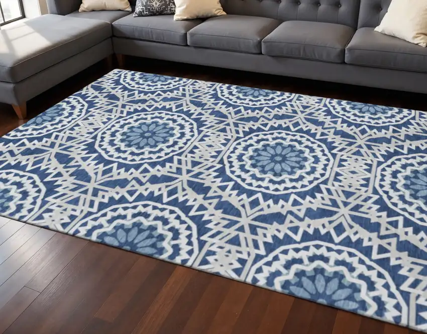 Navy Blue And Ivory Geometric Washable Area Rug With UV Protection Photo 2