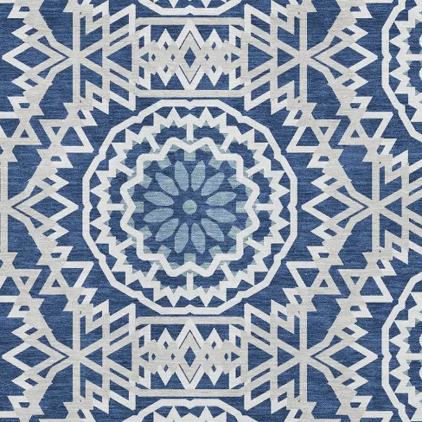 Navy Blue And Ivory Geometric Washable Area Rug With UV Protection Photo 3