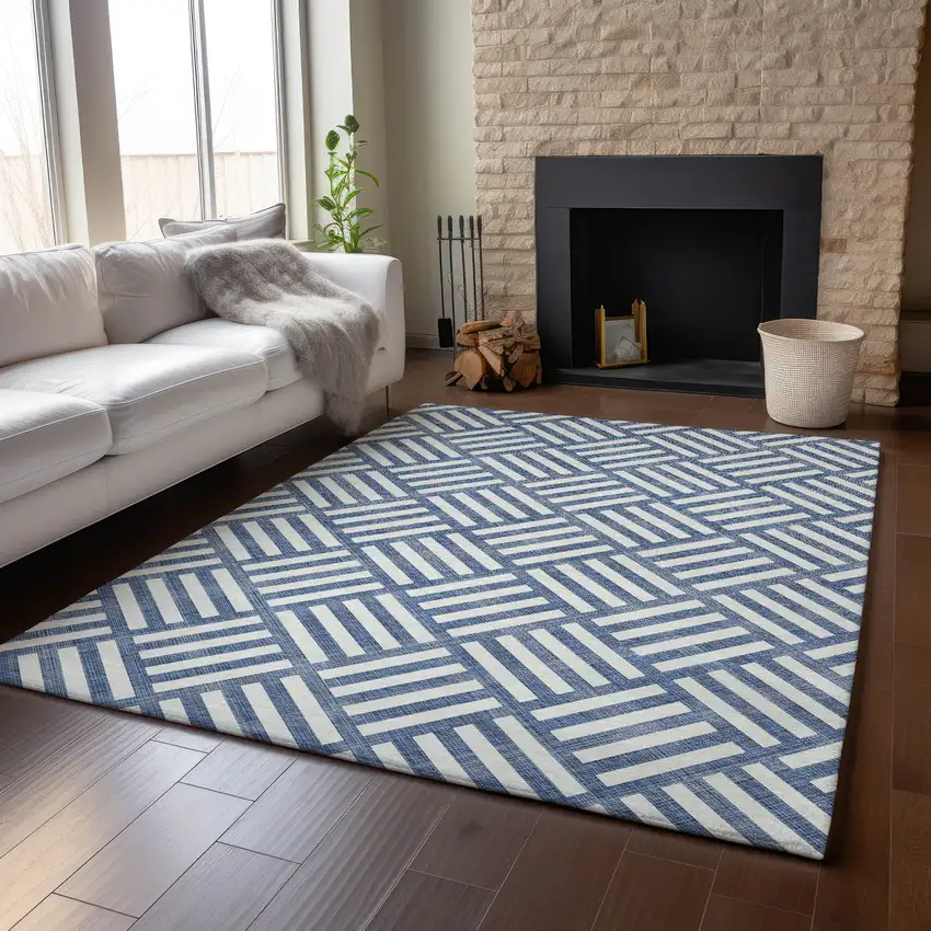 Navy Blue And Ivory Geometric Washable Area Rug With UV Protection Photo 6