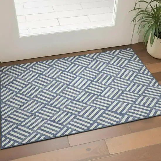 Navy Blue And Ivory Geometric Washable Area Rug With UV Protection Photo 1