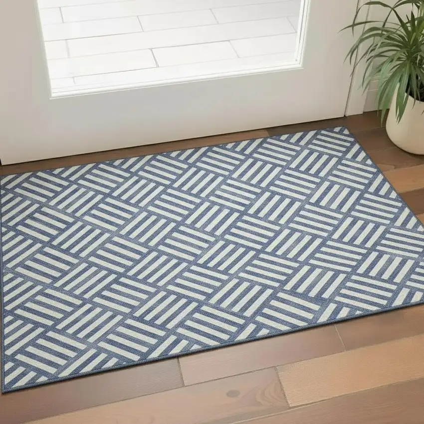 Navy Blue And Ivory Geometric Washable Area Rug With UV Protection Photo 1
