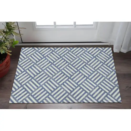 Navy Blue And Ivory Geometric Washable Area Rug With UV Protection Photo 2