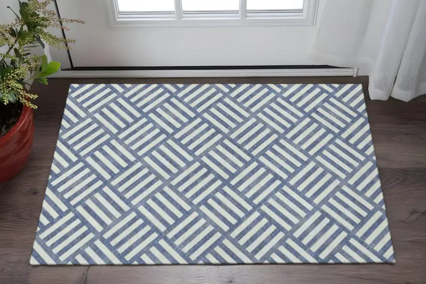 Navy Blue And Ivory Geometric Washable Area Rug With UV Protection Photo 2