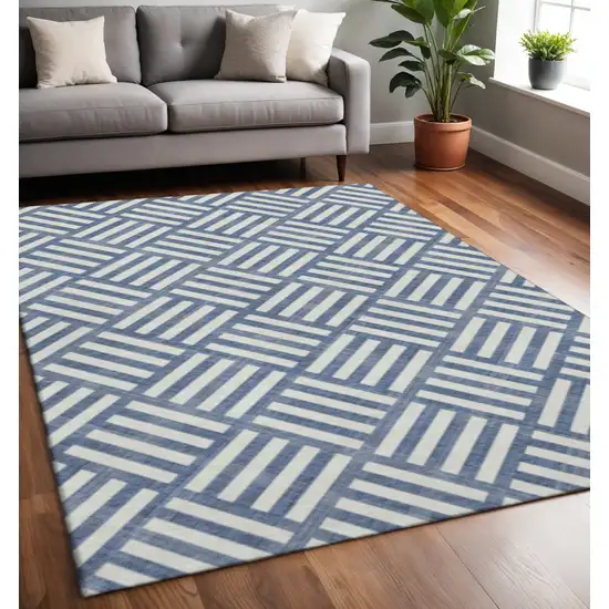 Navy Blue And Ivory Geometric Washable Area Rug With UV Protection Photo 2