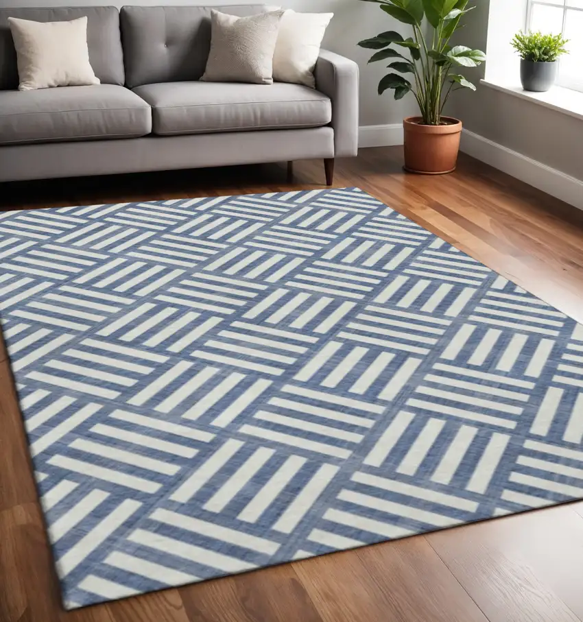 Navy Blue And Ivory Geometric Washable Area Rug With UV Protection Photo 2