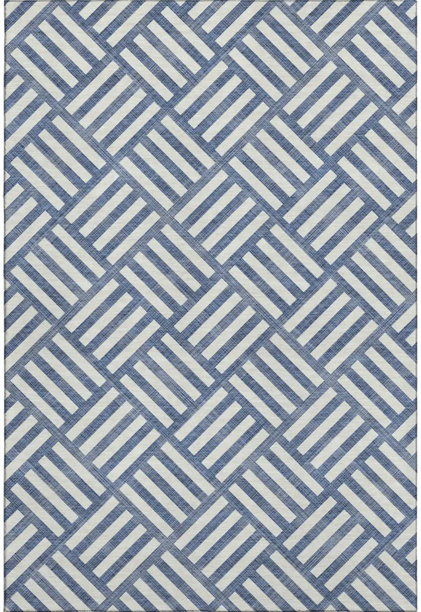 Navy Blue And Ivory Geometric Washable Area Rug With UV Protection Photo 1