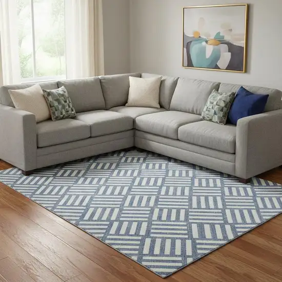 Navy Blue And Ivory Geometric Washable Area Rug With UV Protection Photo 1