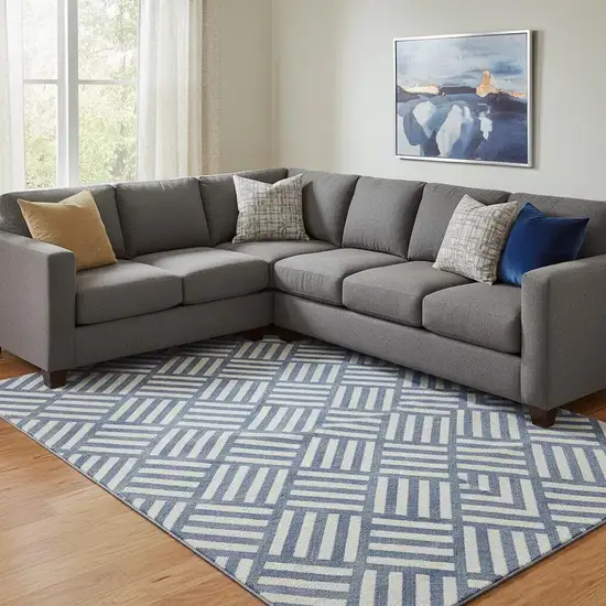 Navy Blue And Ivory Geometric Washable Area Rug With UV Protection Photo 1