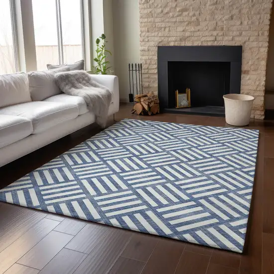 Navy Blue And Ivory Geometric Washable Area Rug With UV Protection Photo 4