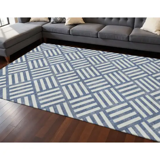 Navy Blue And Ivory Geometric Washable Area Rug With UV Protection Photo 2