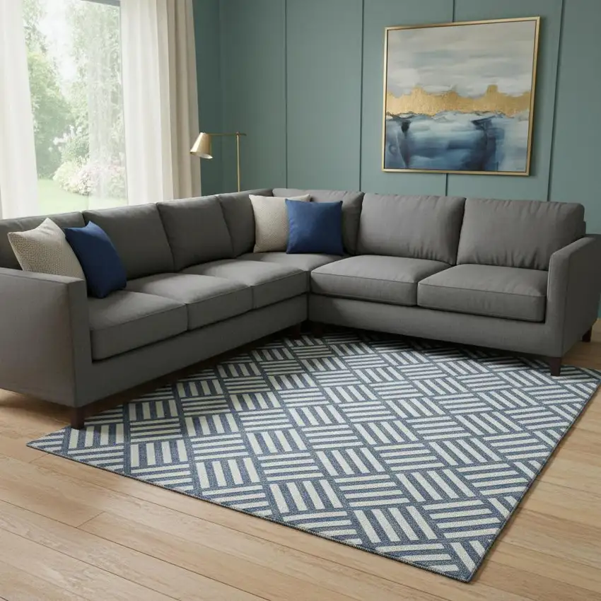 Navy Blue And Ivory Geometric Washable Area Rug With UV Protection Photo 1