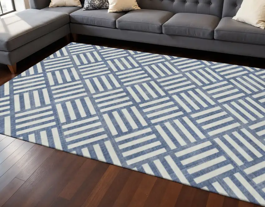 Navy Blue And Ivory Geometric Washable Area Rug With UV Protection Photo 2