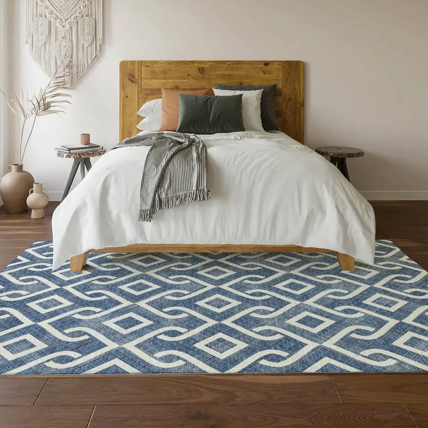 Navy Blue And Ivory Geometric Washable Area Rug With UV Protection Photo 4