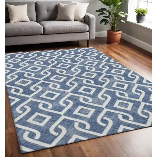 Navy Blue And Ivory Geometric Washable Area Rug With UV Protection Photo 2
