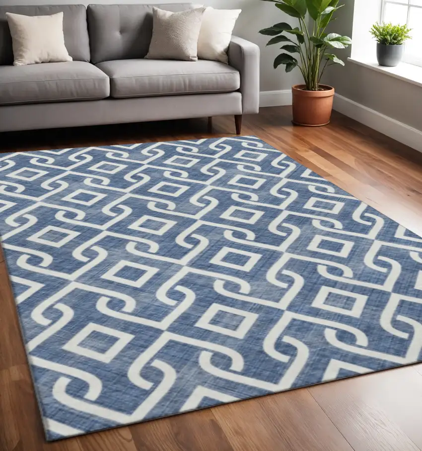 Navy Blue And Ivory Geometric Washable Area Rug With UV Protection Photo 2