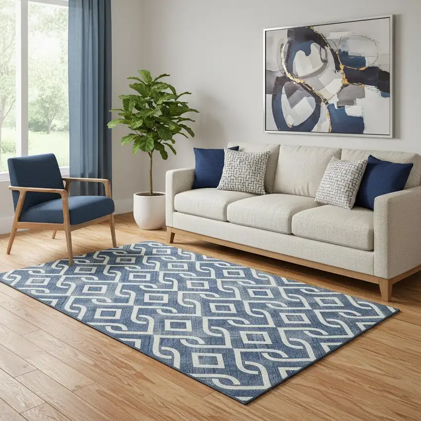 Navy Blue And Ivory Geometric Washable Area Rug With UV Protection Photo 1