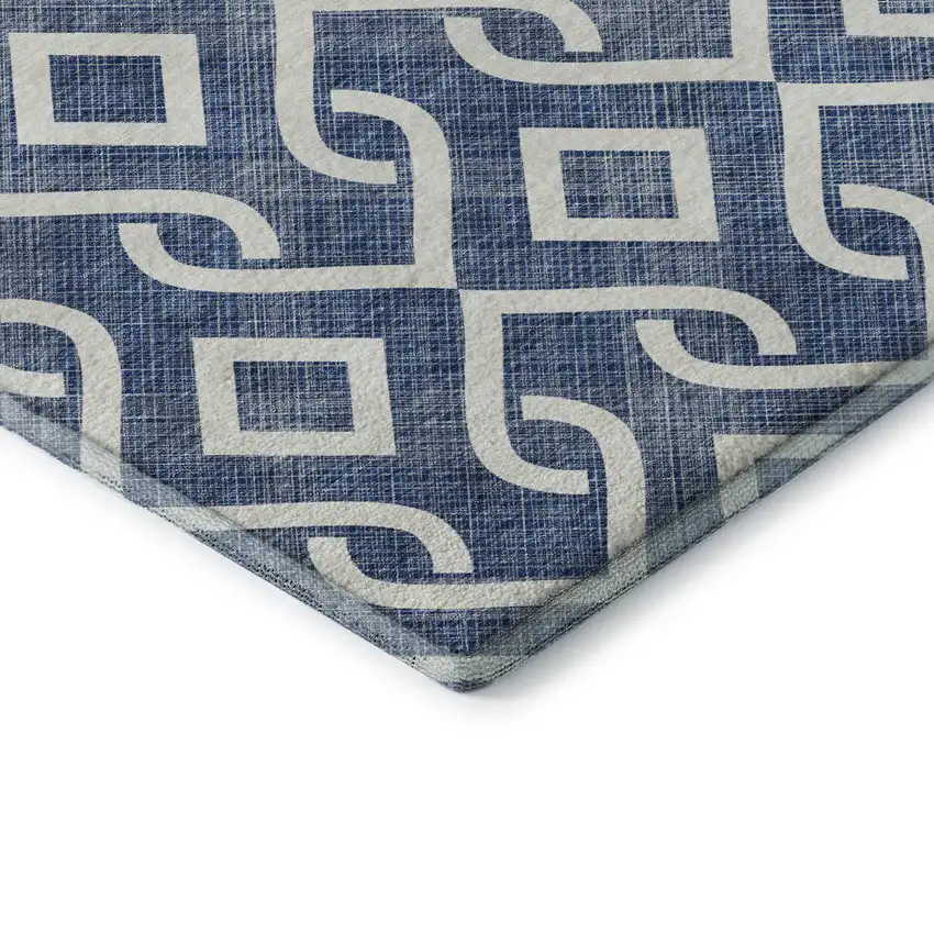 Navy Blue And Ivory Geometric Washable Area Rug With UV Protection Photo 6