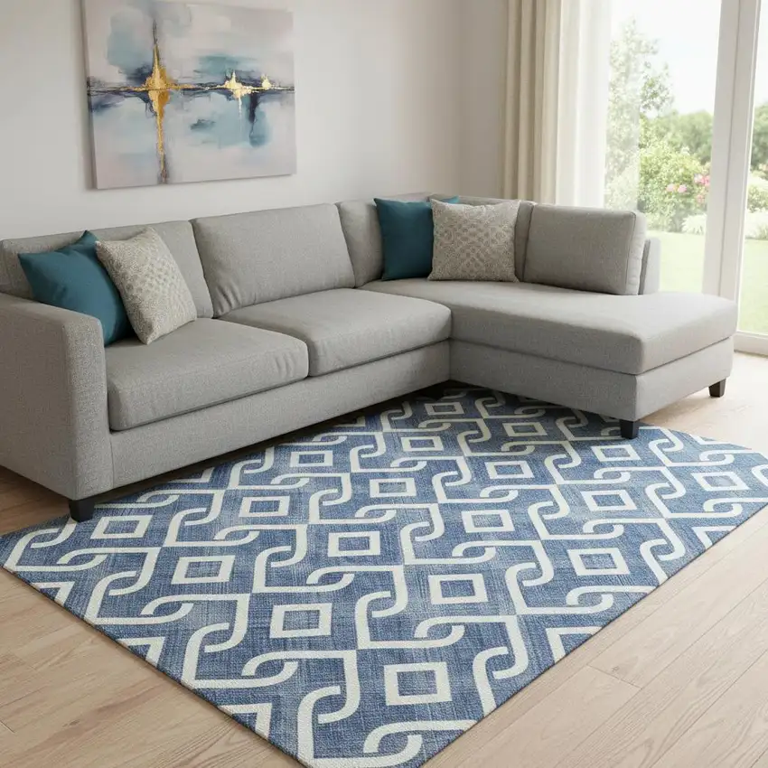 Navy Blue And Ivory Geometric Washable Area Rug With UV Protection Photo 1