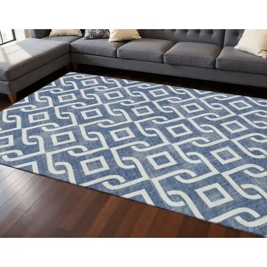 Navy Blue And Ivory Geometric Washable Area Rug With UV Protection Photo 2