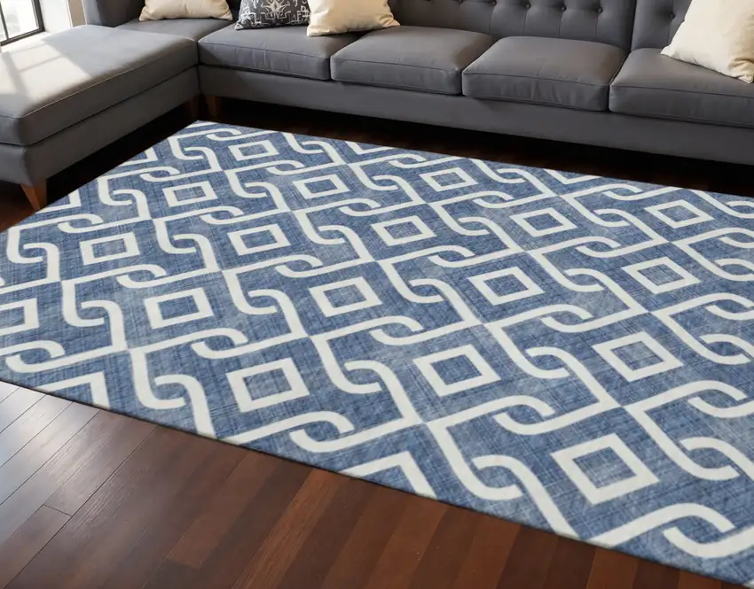Navy Blue And Ivory Geometric Washable Area Rug With UV Protection Photo 2