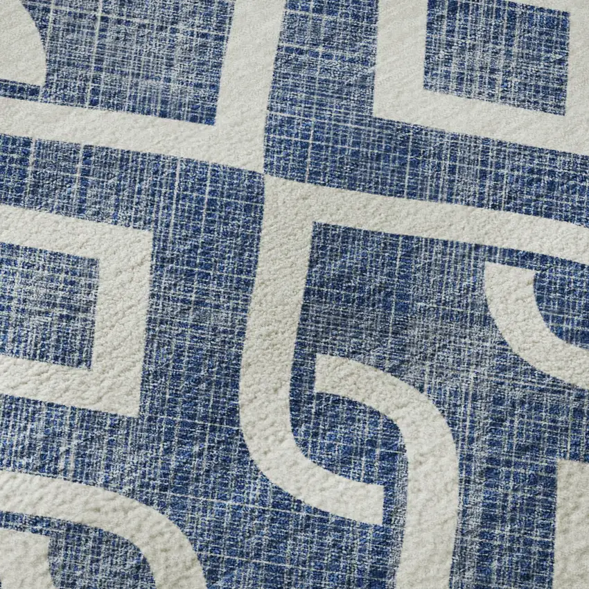 Navy Blue And Ivory Geometric Washable Area Rug With UV Protection Photo 8