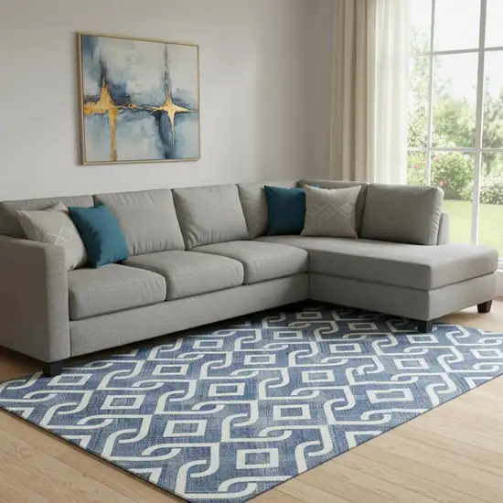 Navy Blue And Ivory Geometric Washable Area Rug With UV Protection Photo 1