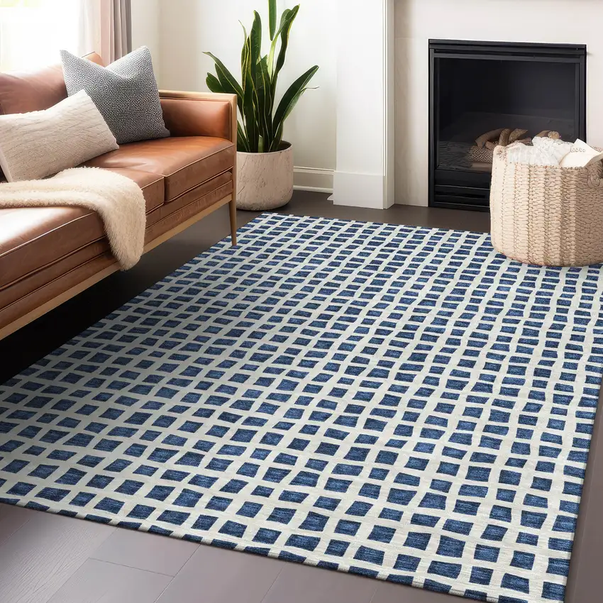 Navy Blue And Ivory Geometric Washable Area Rug With UV Protection Photo 6