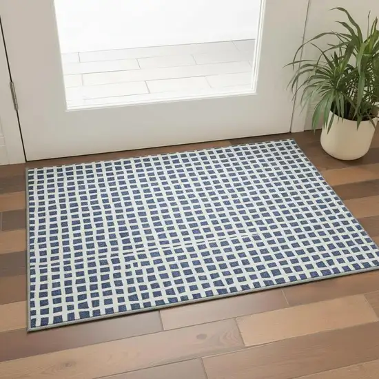 Navy Blue And Ivory Geometric Washable Area Rug With UV Protection Photo 2