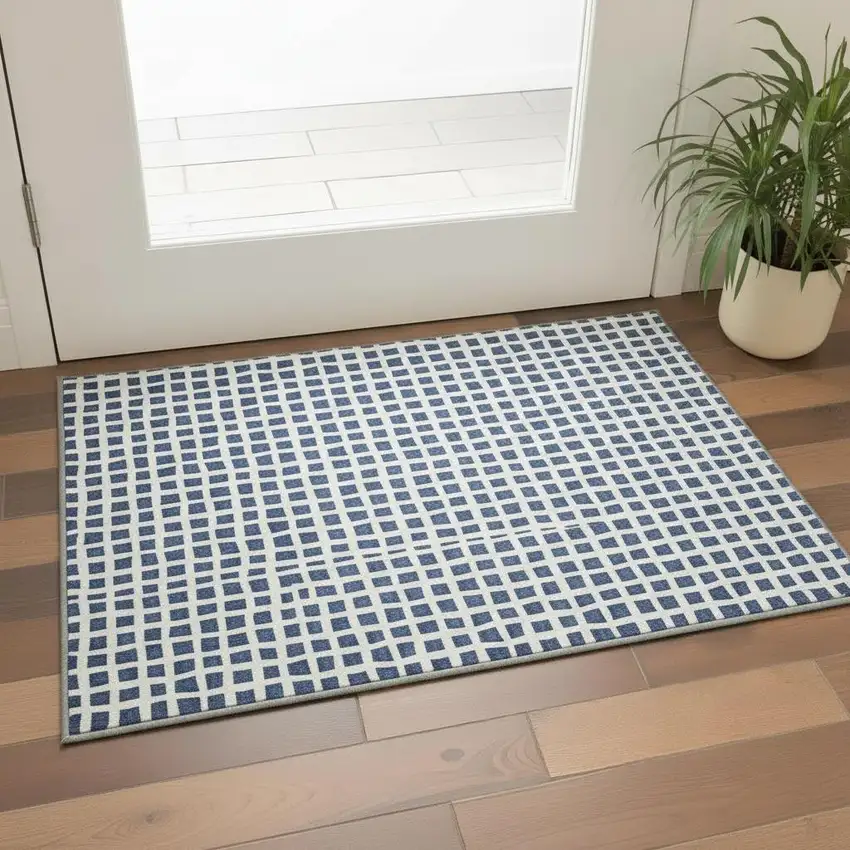 Navy Blue And Ivory Geometric Washable Area Rug With UV Protection Photo 2