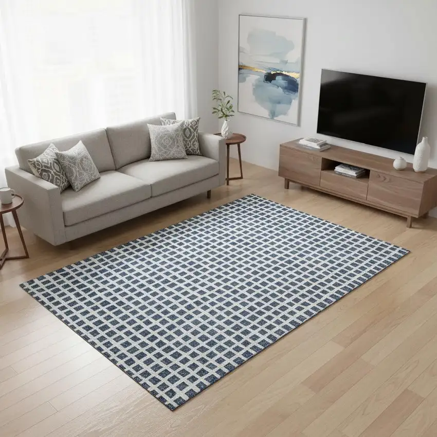 Navy Blue And Ivory Geometric Washable Area Rug With UV Protection Photo 2