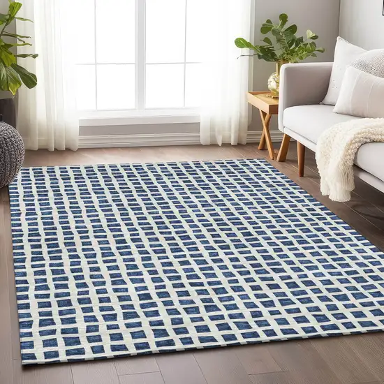 Navy Blue And Ivory Geometric Washable Area Rug With UV Protection Photo 4