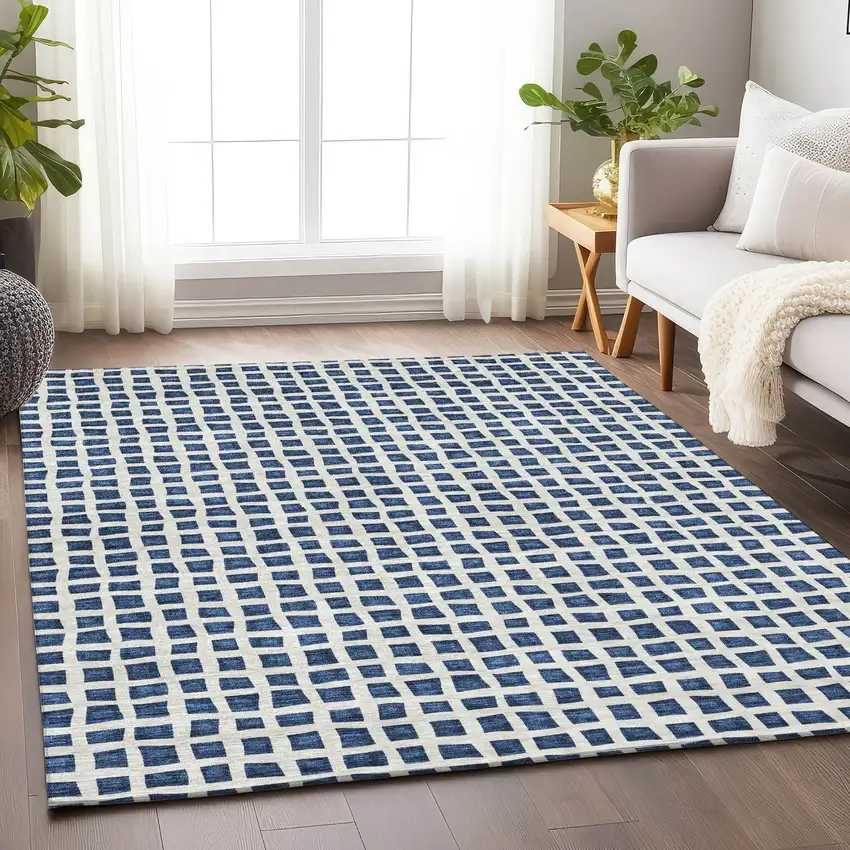 Navy Blue And Ivory Geometric Washable Area Rug With UV Protection Photo 4