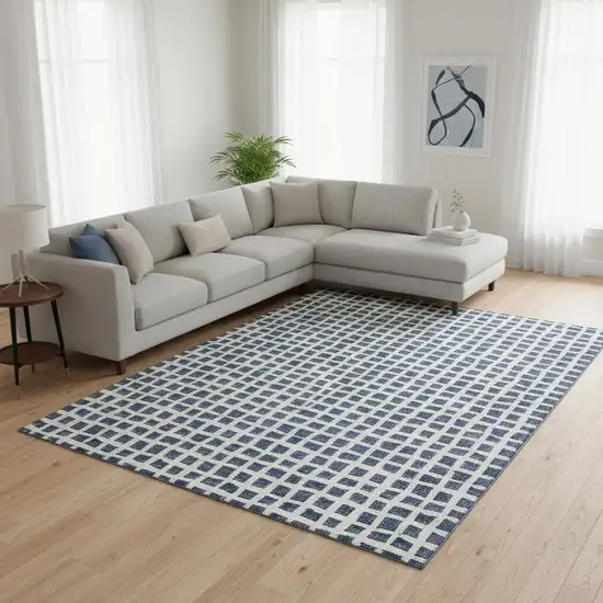 Navy Blue And Ivory Geometric Washable Area Rug With UV Protection Photo 2