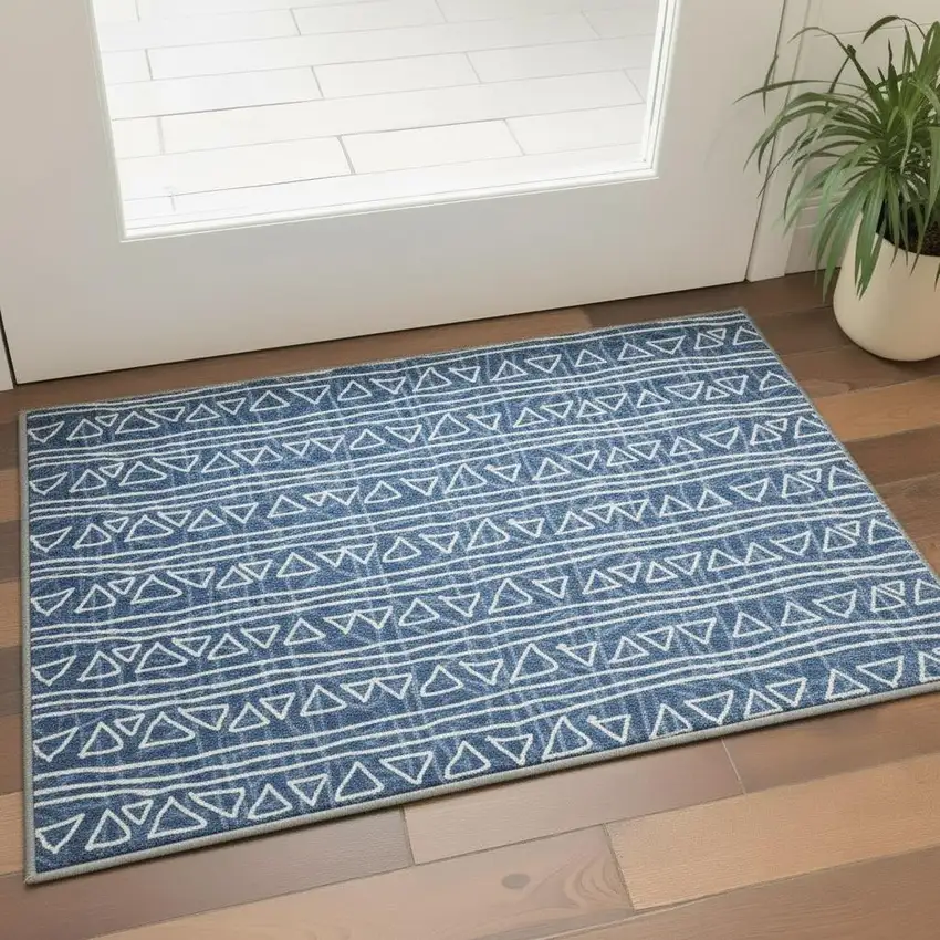 Navy Blue And Ivory Geometric Washable Area Rug With UV Protection Photo 2