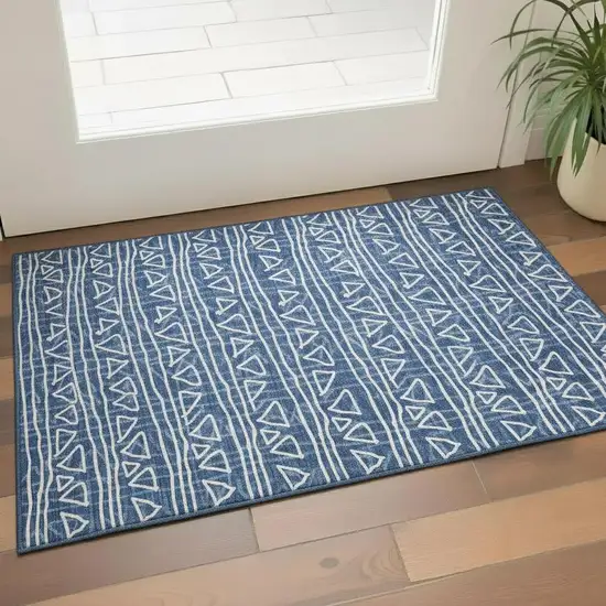 Navy Blue And Ivory Geometric Washable Area Rug With UV Protection Photo 1