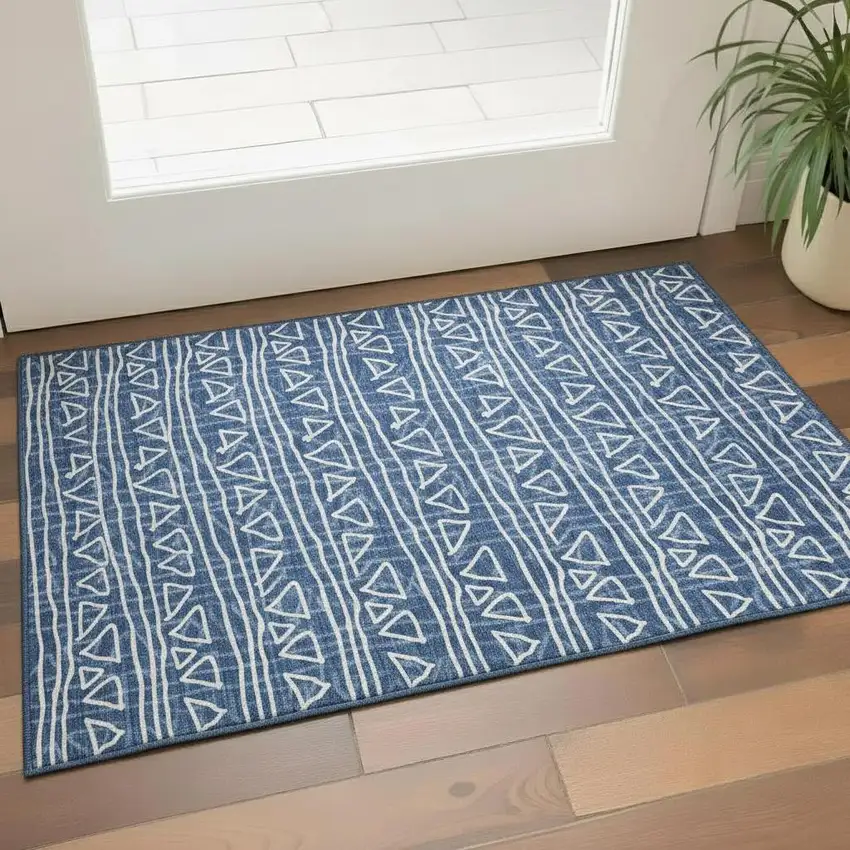 Navy Blue And Ivory Geometric Washable Area Rug With UV Protection Photo 1