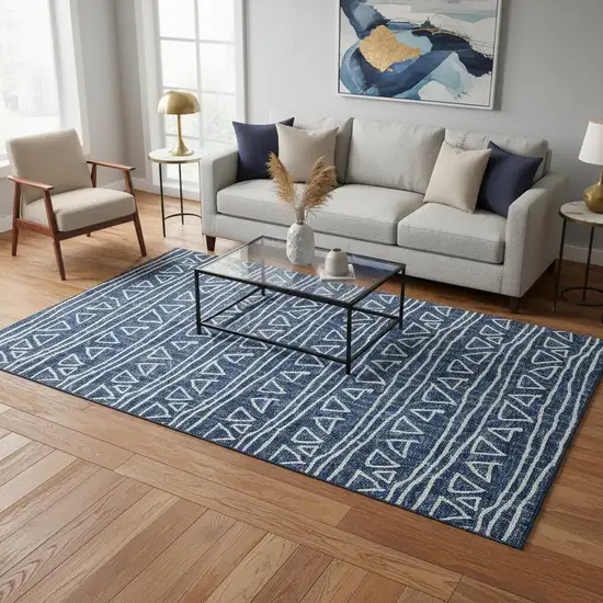 Navy Blue And Ivory Geometric Washable Area Rug With UV Protection Photo 2